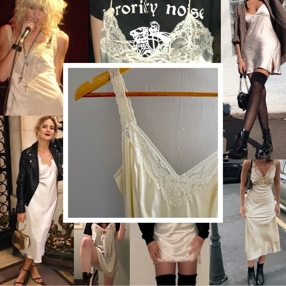 Vintage 1970’s Vanity Fair cream off white midi slip dress with lace trim